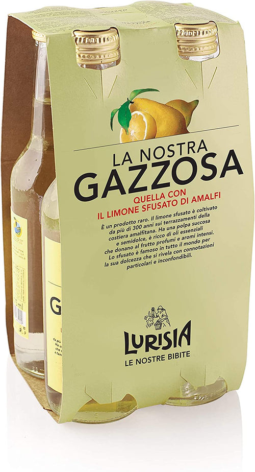 Lurisia La Nostra Gazzosa – 4 Bottiglie in Vetro 100% Riciclabile da 275ml, Bevanda Analcolica Prodotta con il Succo e l’infuso del "Limone Costa d'Amalfi I.G.P.", Gusto Dissetante